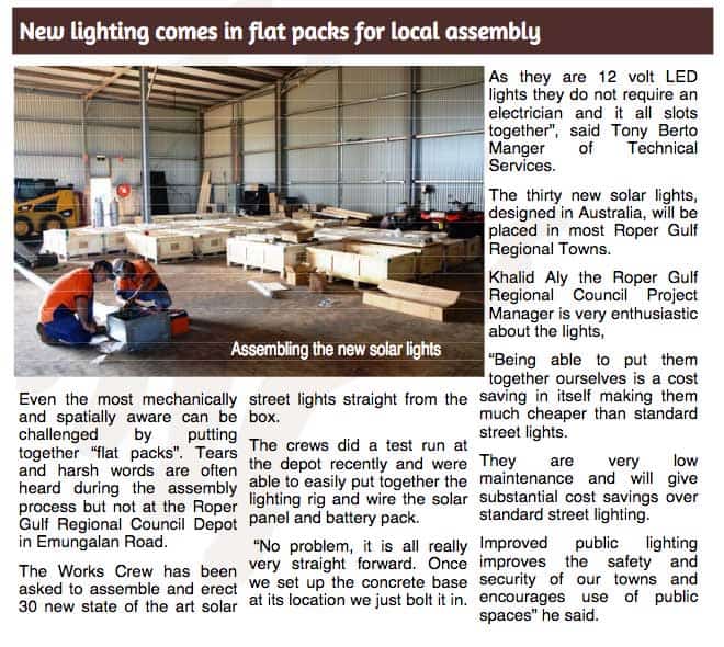 solar street lighting article Roper Gulf